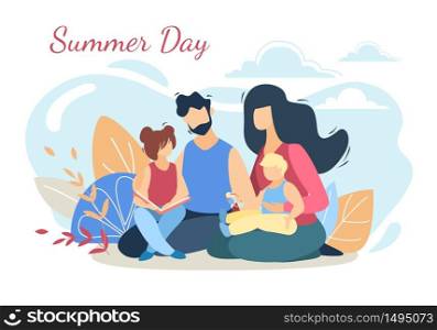 Happy Loving Family of Mother, Father, Daughter and Son on Picnic at Summer Day Outdoors, Little Boy Sitting on Mom Hands, People Relax in Park, Love, Relation Cartoon Flat Vector Illustration, Banner. Happy Loving Family on Picnic at Summer Day Nature