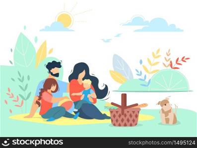 Happy Loving Family of Mother, Father, Daughter and Son on Picnic with Pet Outdoors, Little Boy Sitting on Mom Hands, People Relaxing Together in Park, Love, Relations Cartoon Flat Vector Illustration. Happy Loving Family Picnic, Kids, Love, Relations