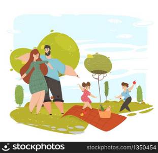 Happy Loving Family of Mother, Father, Daughter and Son Spending Time on Picnic Outdoors. Parents and Children Relaxing Together in Park at Summertime. Love Relations Cartoon Flat Vector Illustration. Happy Loving Family Spend Time on Picnic in Park