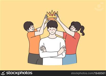 Happy loving kids play crown on young father show gratitude and care. Smiling small children award best dad, feel grateful and thankful. Good parent example, upbringing. Vector illustration.. Happy kids put crown on loving father head
