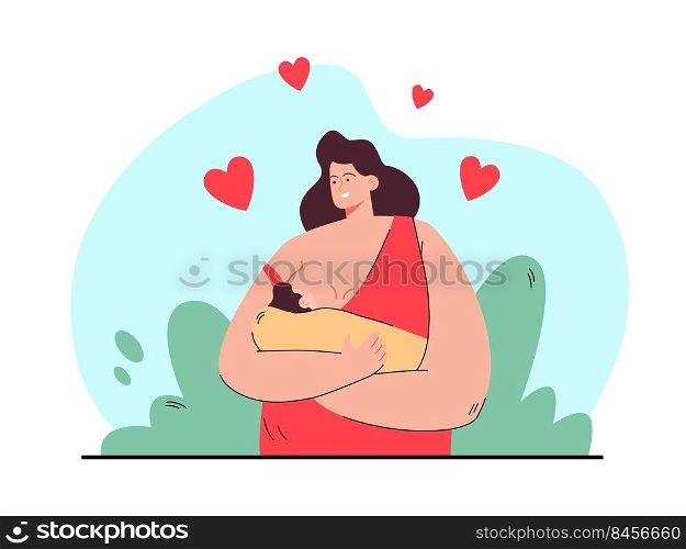 Happy loving mother breastfeeding her baby flat vector illustration. Cartoon newborn eating milk from breast and sleeping on mom arms. Maternity and motherhood concept