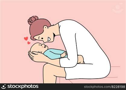 Happy loving young mother playing with newborn baby. Smiling caring mom cuddle cute little baby infant. Motherhood concept. Vector illustration. . Loving mother playing with newborn baby