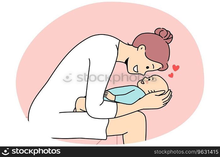 Happy loving young mother playing with newborn baby. Smiling caring mom cuddle cute little baby infant. Motherhood concept. Vector illustration.. Loving mother playing with newborn baby
