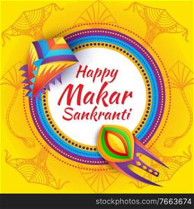 Happy Makar Sankranti festival banner with kites and Indian ethnic ornaments. Hindu religion Sankrant harvest holiday celebration background. Colorful paper kites toys and dotted ring vector. Happy Makar Sankranti festival banner with kites