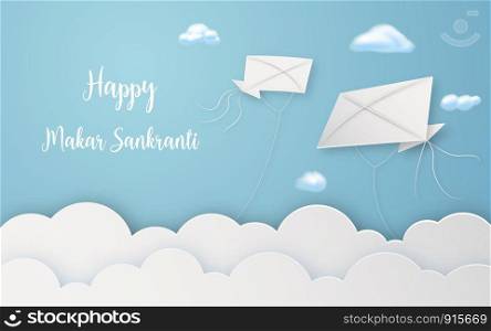 Happy Makar Sankranti festival with flying kites in air digital craft. Religious and Celebration festival concept. Paper art and papercraft graphic design Vector illustration decoration card