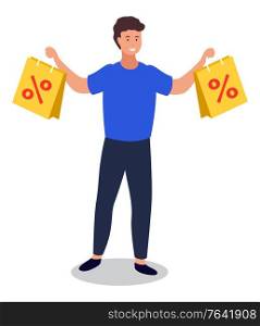 Happy male character holding paper bags with percents. Sale at store and discounts for shoppers. Customer with purchases in packages. Person using discounts and clearance of shops and market vector. Man Showing Products Bought on Sale at Store