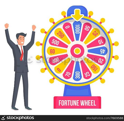 Happy Male Colorfull Rotating Lucky Lottery With Big Chance Of Succes Vector Illustration. Happy Smiling Man Standing Near Wheel Fortune And Winning. Flat Style Concept. Happy Male Rotating Colorfull Big Chance Lottery