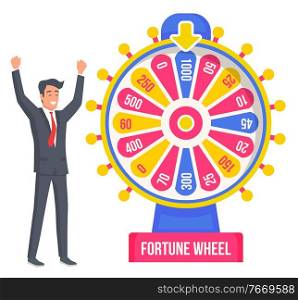 Happy Male Colorfull Rotating Lucky Lottery With Big Chance Of Succes Vector Illustration. Happy Smiling Man Standing Near Wheel Fortune And Winning. Flat Style Concept. Happy Male Rotating Colorfull Big Chance Lottery