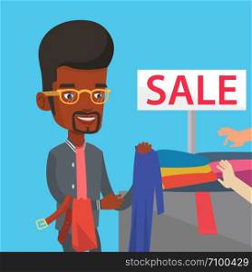 Happy male customer buying clothes at store on sale. African-american man choosing clothes in shop on sale. Young man shopping in clothing shop on sale. Vector flat design illustration. Square layout.. Young man choosing clothes in shop on sale.