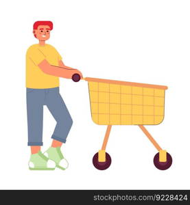 Happy male customer pushing shopping trolley semi flat colorful vector character. Grocery visit. Editable full body person on white. Simple cartoon spot illustration for web graphic design, animation. Happy male customer pushing shopping trolley semi flat colorful vector character