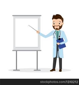 Happy male doctor presenting,medical seminar,place for text,isolated on white background,flat vecot illustration