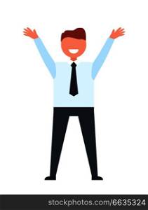 Happy male dressed formally like businessperson holds hands up. Office worker on vector illustration is isolated on white background. Smiling Businessman Icon Vector Illustration