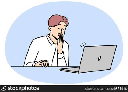 Happy male employee look at laptop screen excited with good news online. Smiling businessman shocked by pleasant message on computer. Vector illustration.. Happy man excited with good news online