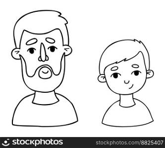 Happy Male faces. Portraits of father and son. Vector Outline drawings. Isolated linear faces avatars for design, decor, social networks