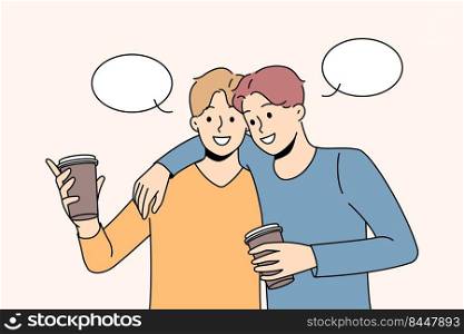 Happy male friends hugging drinking coffee. Smiling guy embrace have fun enjoy takeaway beverage. Friendship and unity. Vector illustration.. Happy guys hug having coffee
