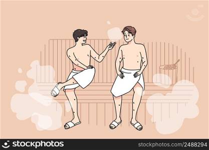 Happy male friends in towels relax in sauna on weekend together. Smiling men enjoy bathhouse relaxation, rest in spa or wellness center. Relaxation and recreation. Vector illustration. . Happy male friends relax in sauna together 