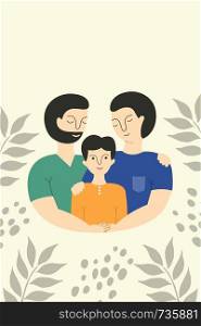 Happy male gay couple with foster son. Gay parents with child. Vector illustration.