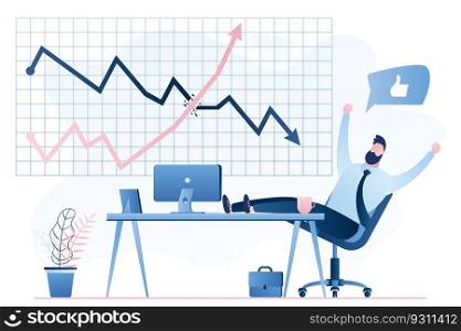 Happy male investor or trader on modern workplace. Growing chart breaks a falling chart, financial profit. Business workspace and businessman character isolated on white background.Trendy style vector