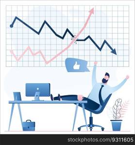 Happy male investor or trader on modern workplace. Growing chart breaks a falling chart, financial profit. Business workspace and businessman character isolated on white background.Trendy style vector