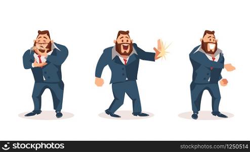 Happy Male Office Worker Character Wear Suit Set. Man Smell Slice of Pizza. Smiling Boss give High Five. Coworker or Businessman with Beard Shake Hand. Flat Cartoon Vector Illustration. Happy Male Office Worker Character Wear Suit Set