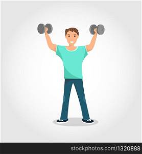 Happy Male Standing Training with Gray Dumbbell. Smiling Young Guy Bodybuilding. Physical Hand Strength Exercises. Fitness Training. Healthy Lifestyle. Isolated on White Background