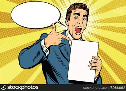 Happy male with the document or diploma, pop art retro vector illustration