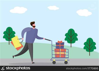 Happy man after shopping.Male with shopping trolley,trendy style design,flat vector illustration