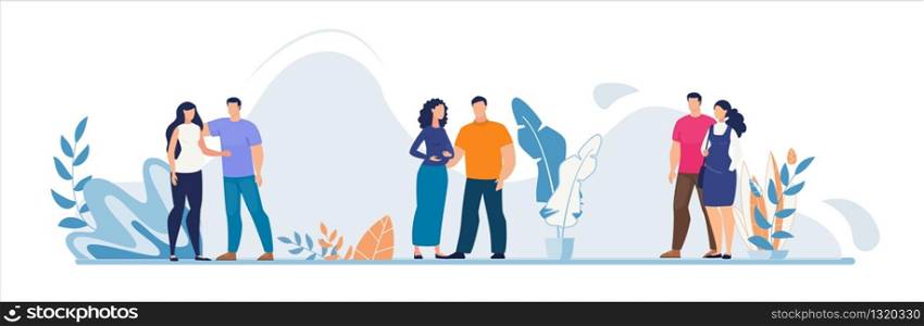 Happy Man and Pregnant Woman Wait for Childbirth. Married Couple Cartoon People Characters Standing Together. Pregnancy, Care and Love. Family Addition. Future Parents. Vector Natural Illustration. Happy Man and Pregnant Woman Wait for Childbirth