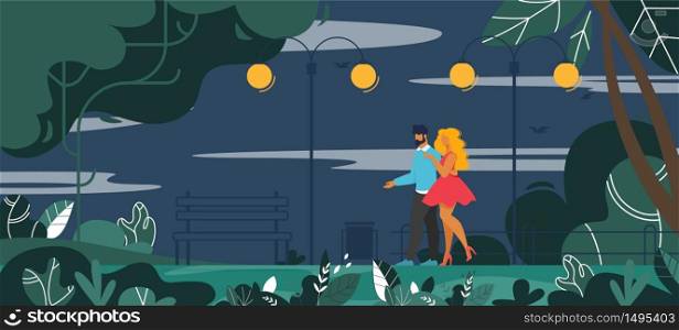 Happy Man and Woman, Boyfriend and Girlfriend Couple in Love Walking at Evening. Flat Park with Bench and Lanterns Scene. Promenade under Moonlight. Romantic Dating. Vector Cartoon Illustration. Man and Woman Couple in Love Walking at Evening