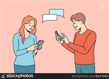 Happy man and woman chatting texting online on smartphones. Smiling couple dating on internet. Social media application concept. Vector illustration.. Happy couple texting on cell online