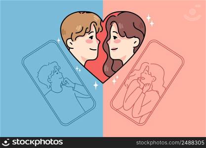 Happy man and woman dating texting online on social media on cellphone. Male and female couple talk virtual on smartphone. Remote relationships and communication. Vector illustration. . Man and woman talk online dating on app