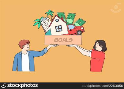Happy man and woman dream of family goal achievement. Smiling couple strive for success, imagine plans and aims realization. Visualization and dreaming concept. Vector illustration.. Happy man and woman dream of goals accomplishment