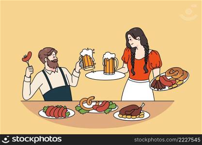 Happy man and woman in traditional clothes celebrate Oktoberfest drink beer eat sausages. Smiling guy and girl enjoy german festival celebrations outdoors. Flat vector illustration. . Happy man and woman celebrate Oktoberfest 