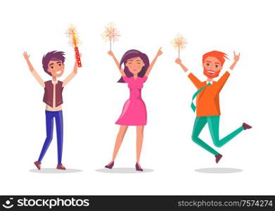 Happy man and woman isolated cartoon people celebrate birthday party. Male with sparkler, fireworks elements in hands, vector stylish friends have fun. Happy Man, Woman Isolated Cartoon People Birthday