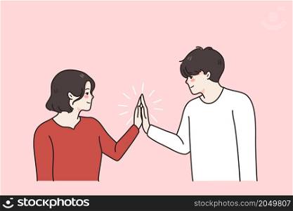 Happy man and woman join hands show love and care in relationships. Smiling couple look in eyes share intimate close moment. Tenderness and affection. Support in relation. Flat vector illustration. . Man and woman join hands feel in love