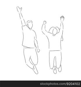 Happy man and woman jumping, vector. Hand drawn sketch. A man and a woman are jumping for joy.