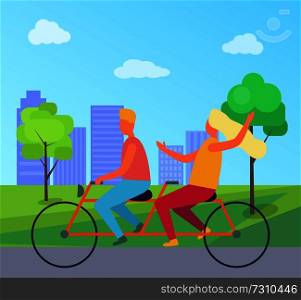 Happy man and woman riding double bicycle in city park. Vector illustration of summertime town park alley with two people on one bike. Couple Riding Double Bicycle in Summer Park