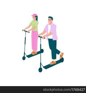 Happy man and woman riding electric scooters flat color vector detailed characters. Couple dating. Spring outdoor activity isolated cartoon illustration for web graphic design and animation. Happy man and woman riding electric scooters flat color vector detailed characters