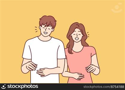 Happy man and woman stands and smiling experience positive emotions from walking together. Everyday zoomers boy and girl are laughing while discussing funny life stories. Flat vector image. Happy man and woman stands and smiling experience joy from walking together. Vector image