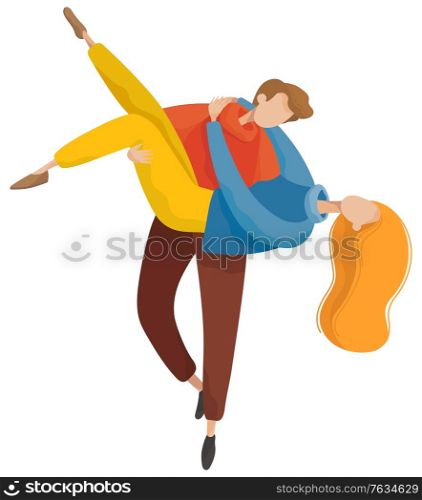 Happy man and woman walking in autumn park. Romantic day of embracing male and female in casual clothes. Lovers characters hugging outdoor. People meeting and dancing, relationship element vector. Man and Woman Hugging in Autumn Park Vector
