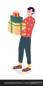 Happy man carry gifts semi flat color vector character. Standing figure. Full body person on white. Holiday celebration isolated modern cartoon style illustration for graphic design and animation. Happy man carry gifts semi flat color vector character