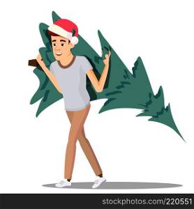 Happy Man Carrying A Christmas Tree On His Shoulder Vector. Isolated Illustration. Happy Man Carrying A Christmas Tree On His Shoulder Vector. Illustration