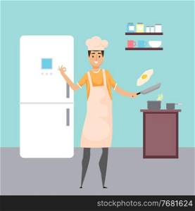 Happy man cooking at home. Guy wearing apron holding pan, cook fried eggs. Male chef in hat preparing food at kitchen, dinner or lunch. Quarantine isolation at home. New hobby. Stay home concept. Man wearing apron holding pan in hand, cooking friend eggs, culinary concept, hobby, leisure