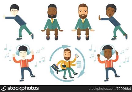 Happy man dancing while listening to music. Young man listening to music in headphones. Man with eyes closed enjoying music. Set of vector flat design illustrations isolated on white background.. Vector set of illustrations with business people.