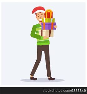 Happy man dressed in a sweater and a Christmas hat  holding presents. Vector illustration character cartoon flat style.