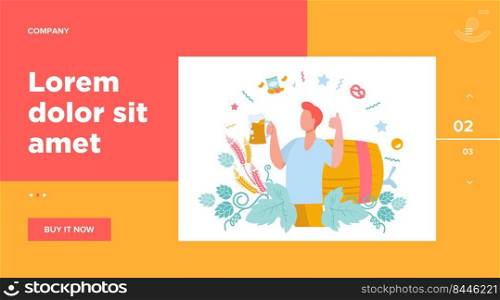 Happy man drinking cold beer with snacks flat vector illustration. Young guy holding big glass with alcohol and cheers. Drink and weekend concept