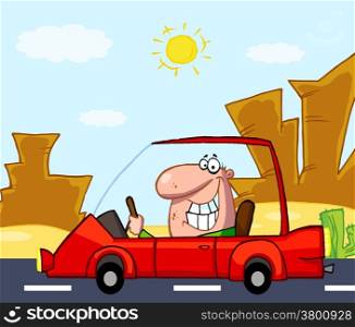 Happy Man Drives Sports Car In Front Western Landscape