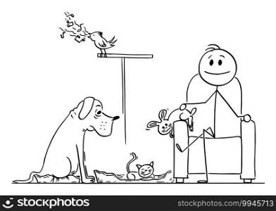 Happy man enjoying sitting in chair with his pets dog, bunny,bird and cat around, vector cartoon stick figure or character illustration.. Happy Man Sitting in Chair Surrounded by His Pets Dog, Cat, Bunny and Bird , Vector Cartoon Stick Figure Illustration