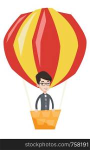 Happy man flying in a hot air balloon. Caucasian man standing in the basket of hot air balloon. Man traveling in a hot air balloon. Vector flat design illustration isolated on white background.. Man flying in hot air balloon vector illustration.