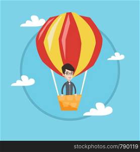Happy man flying in a hot air balloon. Caucasian man standing in the basket of hot air balloon. Man traveling by hot air balloon. Vector flat design illustration in the circle isolated on background.. Man flying in hot air balloon vector illustration.